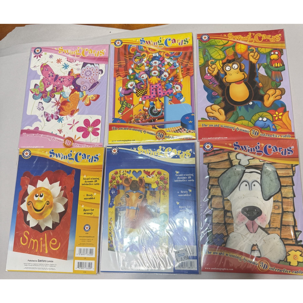 New Lot of 6 Swing 3D Popup Cards Santoro Birthday kids monkey horse butterfly
